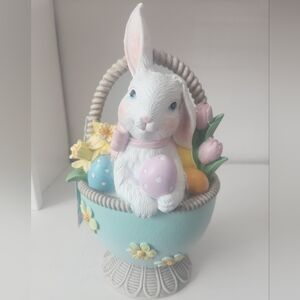 Spring Gathering Resin Bunny In Egg Basket With Floral Decor